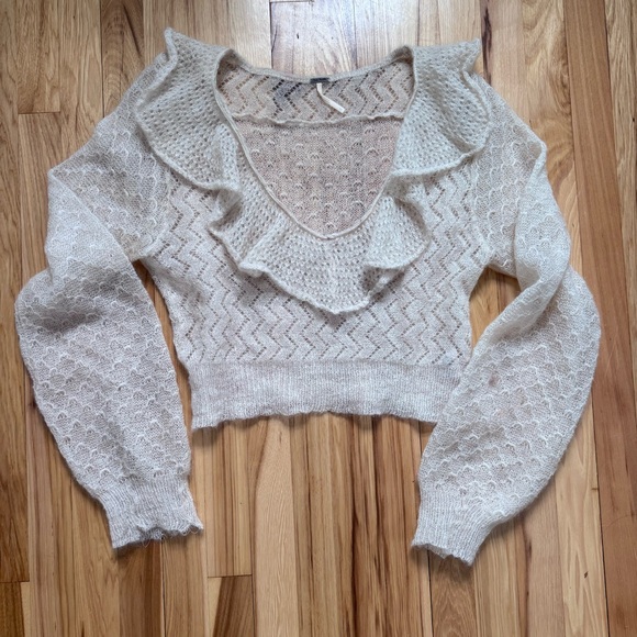 Free People Macaroon Mohair Wool Sweater Ivory Cropped Puff Sleeve Size L - Picture 4 of 10